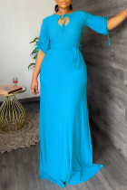 Blue Casual Solid Bandage Patchwork O Neck Straight Dresses