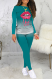 Red Casual Gradual Change Lips Printed Patchwork O Neck Long Sleeve Two Pieces