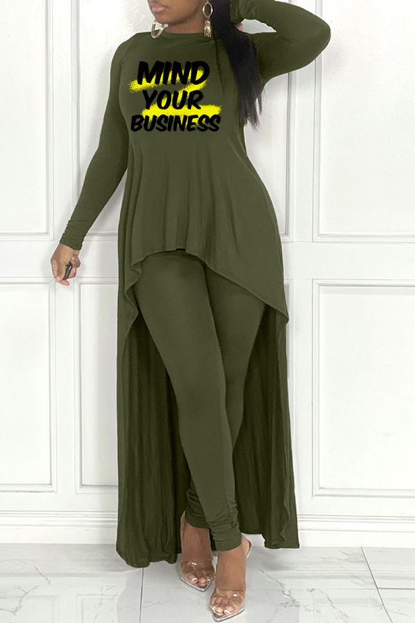 Army Green Street Print Letter O Neck Long Sleeve Two Pieces
