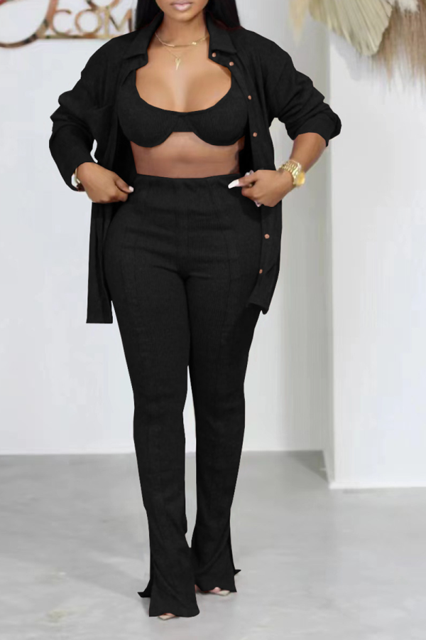 Black Casual Solid Patchwork Turndown Collar Long Sleeve Three Pieces