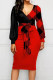 Red Casual Print Patchwork With Bow V Neck One Step Skirt Dresses