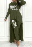 Army Green Casual Print Patchwork O Neck Long Sleeve Two Pieces