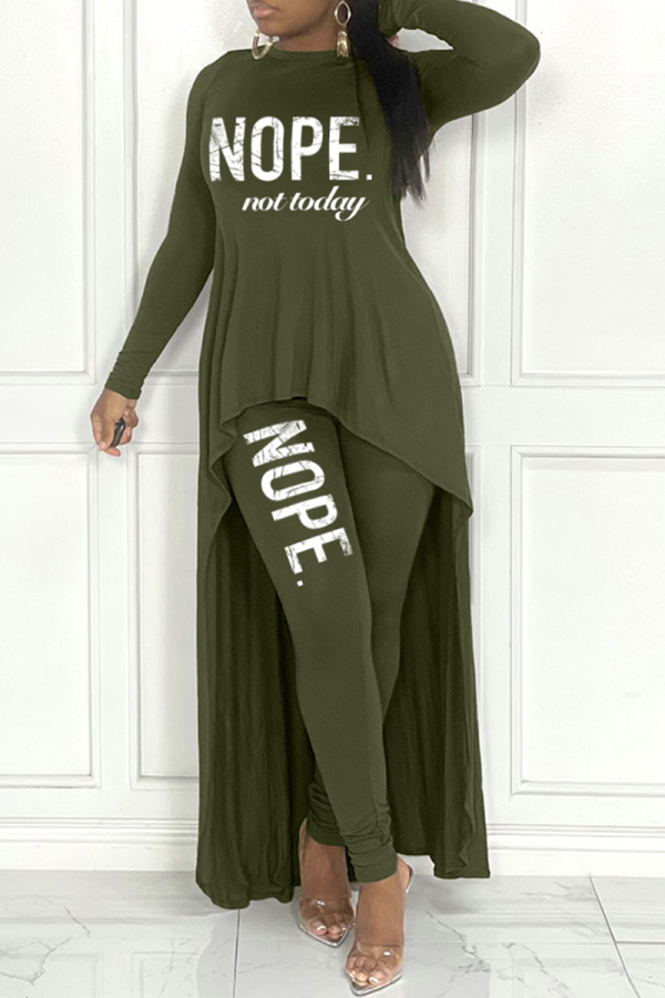 Army Green Casual Print Patchwork O Neck Long Sleeve Two Pieces