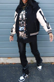 Black Casual Street Print Patchwork Buckle Outerwear
