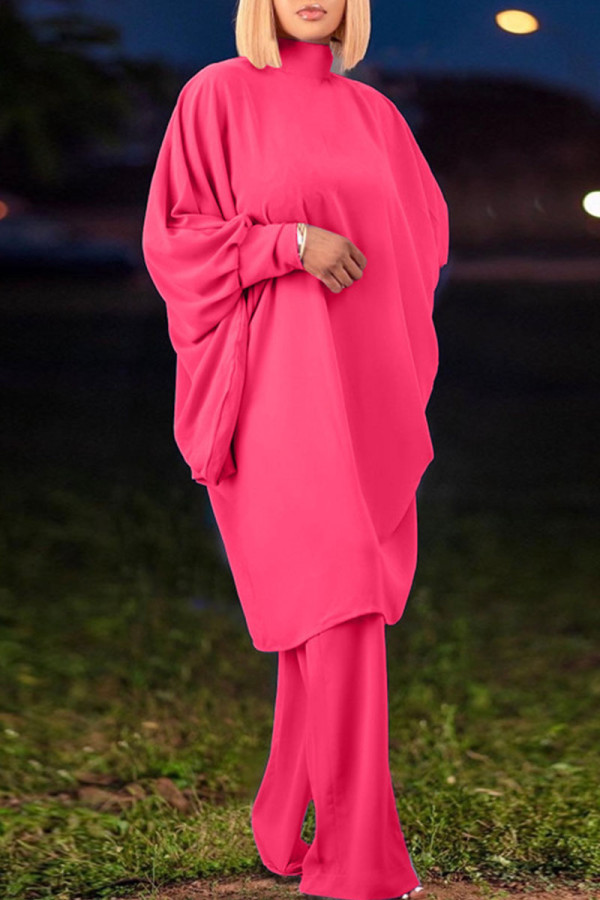 Rose Red Casual Solid Bandage Patchwork Half A Turtleneck Long Sleeve Two Pieces
