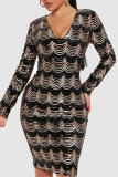 Black Sexy Sequins Patchwork V Neck One Step Skirt Dresses