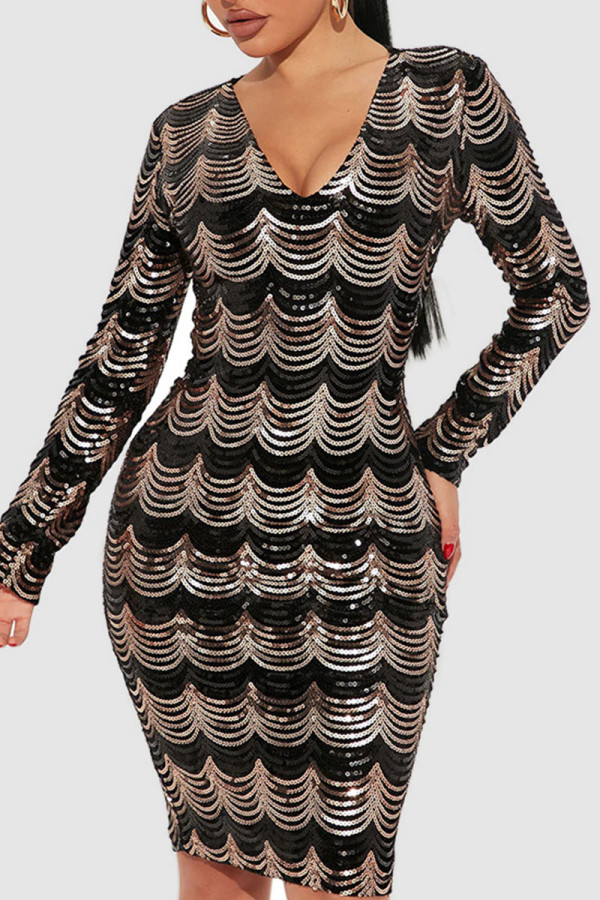 Black Sexy Sequins Patchwork V Neck One Step Skirt Dresses