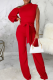 Red Casual Solid Patchwork One Shoulder Boot Cut Jumpsuits