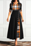 Deep Blue Casual Plaid Print Patchwork O Neck A Line Dresses