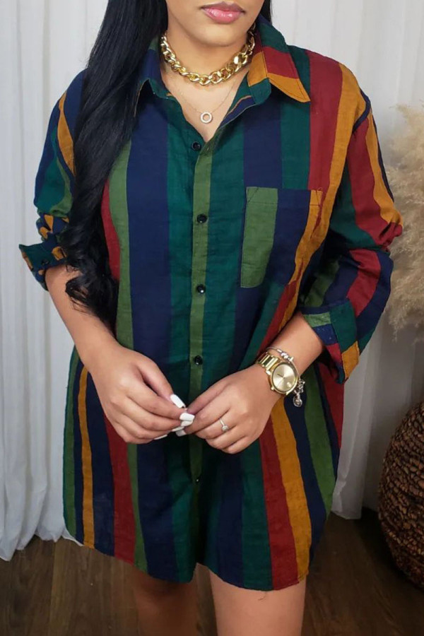 Olive Green Casual Print Patchwork Turndown Collar Tops