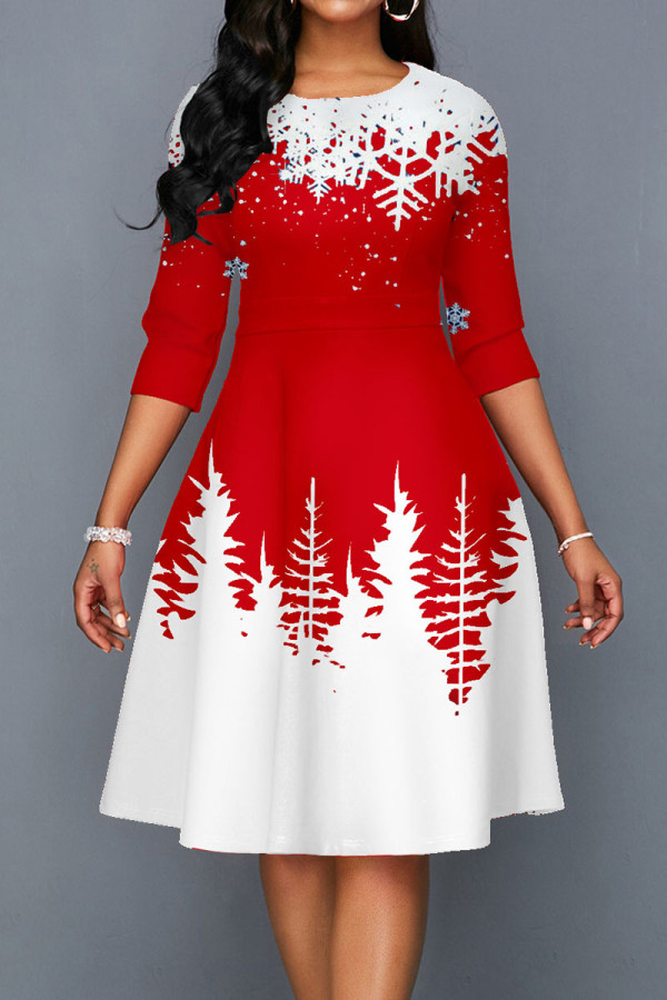 Red Casual Print Patchwork O Neck Princess Dresses