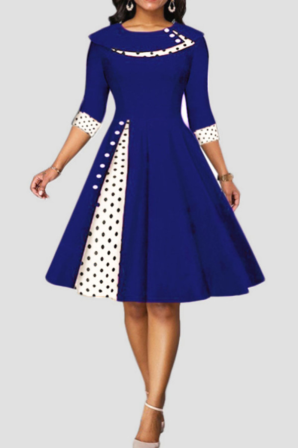 Royal Blue Casual Print Polka Dot Patchwork O Neck A Line Dresses