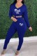 Blue Street Print Letter Hooded Collar Long Sleeve Two Pieces
