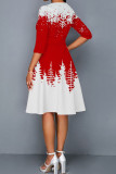 Red Casual Print Patchwork O Neck Princess Dresses
