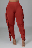 Red Sexy Solid Tassel Skinny High Waist Pencil Solid Color Bottoms
