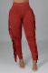 Red Sexy Solid Tassel Skinny High Waist Pencil Solid Color Bottoms