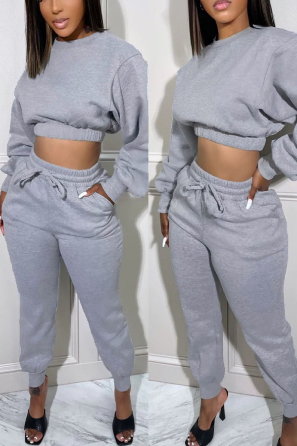 Grey Casual Solid Patchwork O Neck Long Sleeve Two Pieces