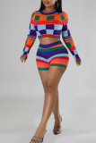 Red Sexy Plaid Print Patchwork O Neck Long Sleeve Two Pieces