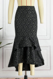 Black Elegant Solid Patchwork Asymmetrical High Waist Patchwork Bottoms