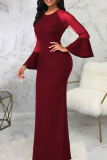 Burgundy Party Solid Mesh O Neck Trumpet Mermaid Dresses