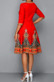 Red Casual Print Patchwork O Neck A Line Dresses