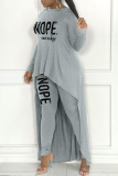 Grey Casual Print Patchwork O Neck Long Sleeve Two Pieces