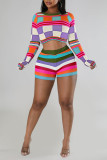 Red Sexy Plaid Print Patchwork O Neck Long Sleeve Two Pieces