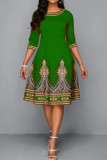 Green Casual Print Patchwork O Neck A Line Dresses