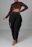 Red Sexy Solid Tassel Skinny High Waist Pencil Solid Color Bottoms