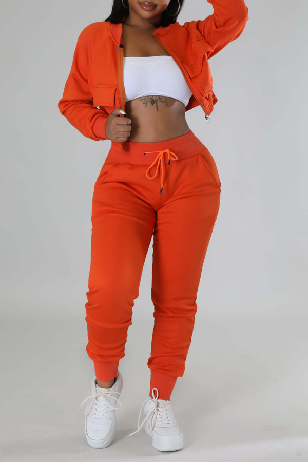 Tangerine Red Street Solid Patchwork Zipper Collar Long Sleeve Two Pieces