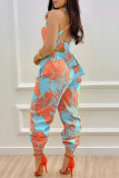 Rose Red Fashion Casual Letter Print Bandage Backless Spaghetti Strap Regular Jumpsuits