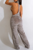 Grey Sexy Solid Patchwork Backless Turtleneck Straight Jumpsuits