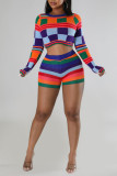 Red Sexy Plaid Print Patchwork O Neck Long Sleeve Two Pieces