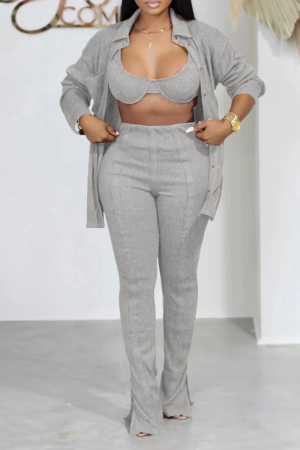 Grey Casual Solid Patchwork Turndown Collar Long Sleeve Three Pieces