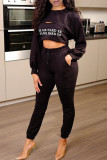 Army Green Casual Letter Print Hollowed Out Patchwork O Neck Long Sleeve Two Pieces