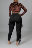 Red Sexy Solid Tassel Skinny High Waist Pencil Solid Color Bottoms
