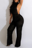 Black Sexy Solid Patchwork Backless Turtleneck Straight Jumpsuits