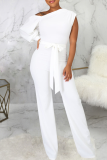 Red Casual Solid Patchwork One Shoulder Boot Cut Jumpsuits