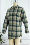 Green Casual Plaid Print Patchwork Buckle Turndown Collar Shirt Dress Dresses