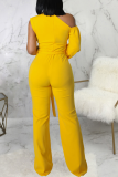 Red Casual Solid Patchwork One Shoulder Boot Cut Jumpsuits