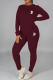 Burgundy Casual Print Patchwork O Neck Long Sleeve Two Pieces