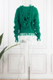 Green Casual Solid Tassel Patchwork Hooded Collar Tops