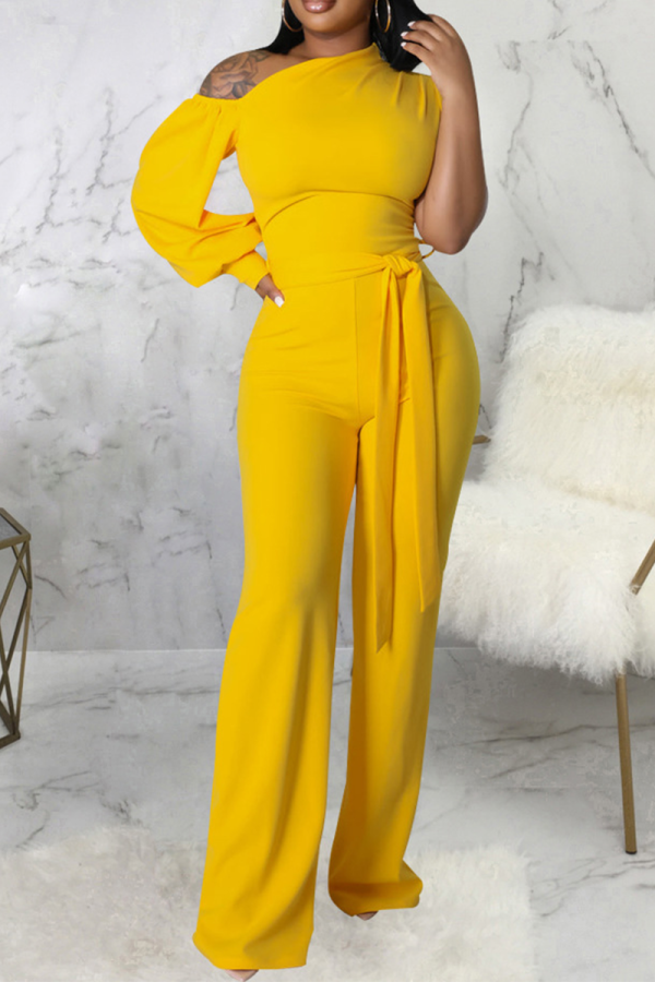 Yellow Casual Solid Patchwork One Shoulder Boot Cut Jumpsuits