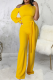 Yellow Casual Solid Patchwork One Shoulder Boot Cut Jumpsuits