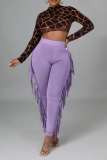 Red Sexy Solid Tassel Skinny High Waist Pencil Solid Color Bottoms