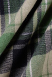 Green Casual Plaid Print Patchwork Buckle Turndown Collar Shirt Dress Dresses