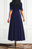 Deep Blue Casual Plaid Print Patchwork O Neck A Line Dresses