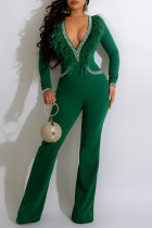 Green Sexy Solid Patchwork Feathers Hot Drill V Neck Straight Jumpsuits