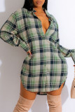 Green Casual Plaid Print Patchwork Buckle Turndown Collar Shirt Dress Dresses