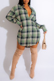 Green Casual Plaid Print Patchwork Buckle Turndown Collar Shirt Dress Dresses
